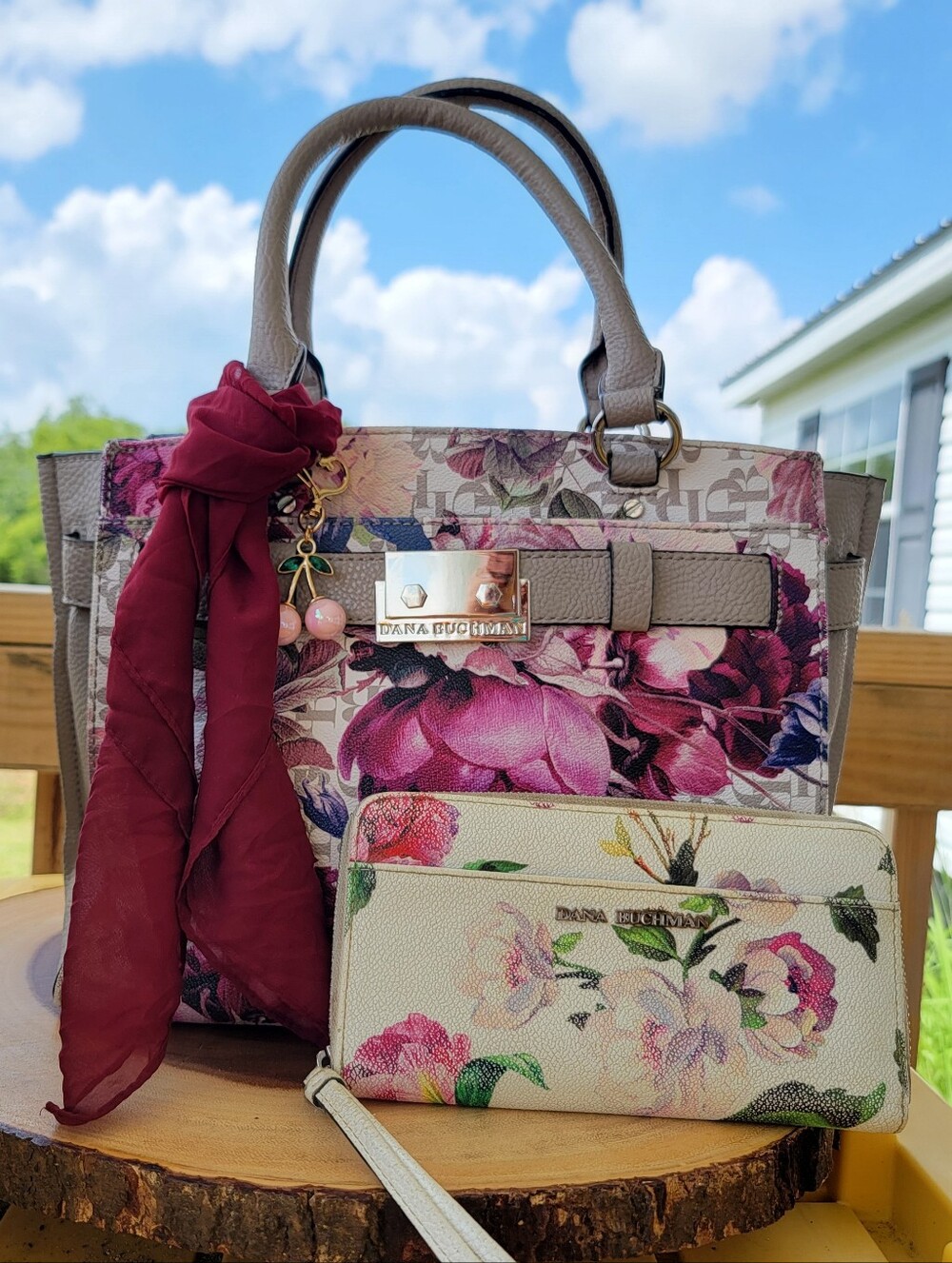 Dana Buchman Floral Print Purse and Wallet Set With Scarf and Charm Included
